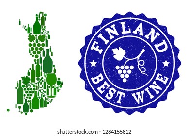 Vector collage of wine map of Finland and best grape wine grunge seal stamp. Map of Finland collage designed with bottles and grape berries bunches.