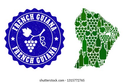 Vector collage of wine map of French Guiana and grape grunge seal stamp. Map of French Guiana collage formed with bottles and grape berries bunches.