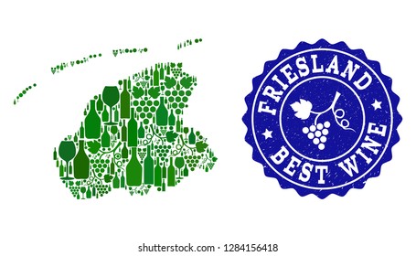 Vector collage of wine map of Friesland Province and best grape wine grunge stamp. Map of Friesland Province collage formed with bottles and grape berries bunches.