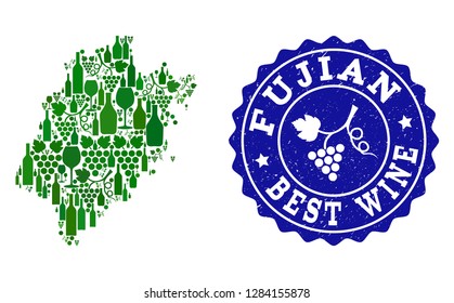 Vector collage of wine map of Fujian Province and best grape wine grunge seal stamp. Map of Fujian Province collage formed with bottles and grape berries bunches.