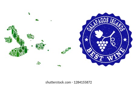 Vector collage of wine map of Galapagos Islands and best grape wine grunge stamp. Map of Galapagos Islands collage composed with bottles and grape berries bunches.