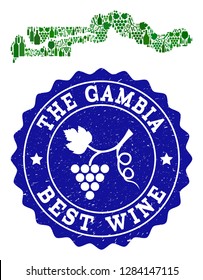 Vector collage of wine map of the Gambia and best grape wine grunge watermark. Map of the Gambia collage formed with bottles and grape berries bunches.