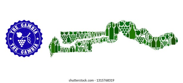 Vector collage of wine map of the Gambia and grape grunge stamp. Map of the Gambia collage created with bottles and grape berries bunches.