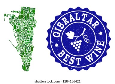 Vector collage of wine map of Gibraltar and best grape wine grunge stamp. Map of Gibraltar collage created with bottles and grape berries bunches.