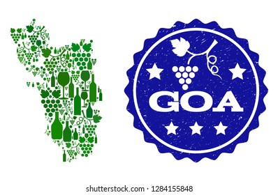 Vector collage of wine map of Goa State and best grape wine grunge seal. Map of Goa State collage created with bottles and grape berries bunches.