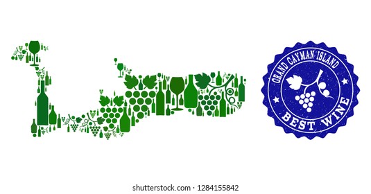 Vector collage of wine map of Grand Cayman Island and best grape wine grunge seal stamp. Map of Grand Cayman Island collage designed with bottles and grape berries bunches.