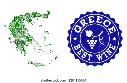 Vector collage of wine map of Greece and best grape wine grunge stamp. Map of Greece collage created with bottles and grape berries bunches.