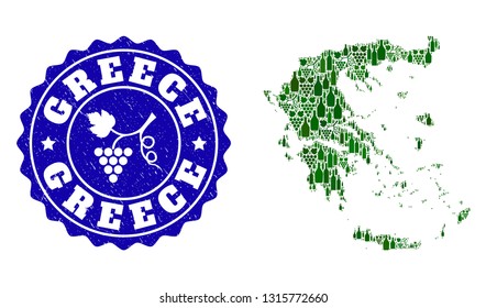 Vector collage of wine map of Greece and grape grunge stamp. Map of Greece collage created with bottles and grape berries bunches.