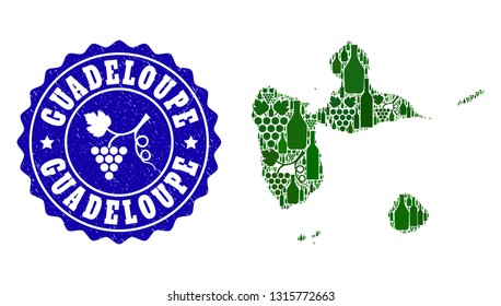 Vector collage of wine map of Guadeloupe and grape grunge seal. Map of Guadeloupe collage formed with bottles and grape berries bunches.