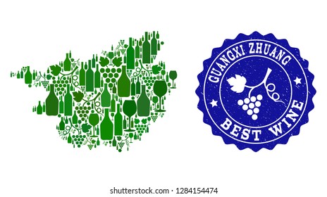 Vector collage of wine map of Guangxi Zhuang Region and best grape wine grunge stamp. Map of Guangxi Zhuang Region collage composed with bottles and grape berries bunches.