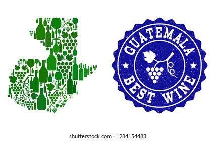 Vector collage of wine map of Guatemala and best grape wine grunge watermark. Map of Guatemala collage composed with bottles and grape berries bunches.