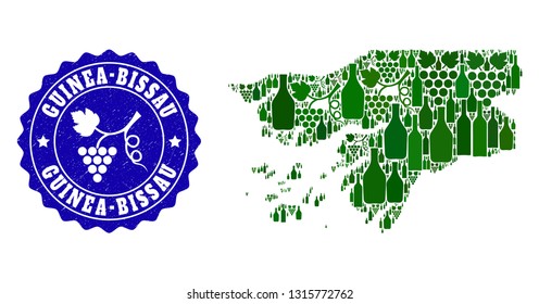 Vector collage of wine map of Guinea-Bissau and grape grunge seal. Map of Guinea-Bissau collage designed with bottles and grape berries bunches.