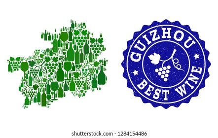 Vector collage of wine map of Guizhou Province and best grape wine grunge seal stamp. Map of Guizhou Province collage created with bottles and grape berries bunches.
