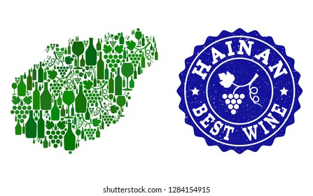 Vector collage of wine map of Hainan Island and best grape wine grunge stamp. Map of Hainan Island collage created with bottles and grape berries bunches.