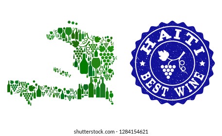 Vector collage of wine map of Haiti and best grape wine grunge seal. Map of Haiti collage composed with bottles and grape berries bunches.