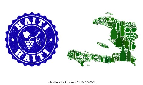 Vector collage of wine map of Haiti and grape grunge seal. Map of Haiti collage formed with bottles and grape berries bunches.