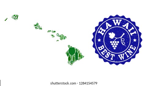 Vector collage of wine map of Hawaii State and best grape wine grunge seal stamp. Map of Hawaii State collage created with bottles and grape berries bunches.