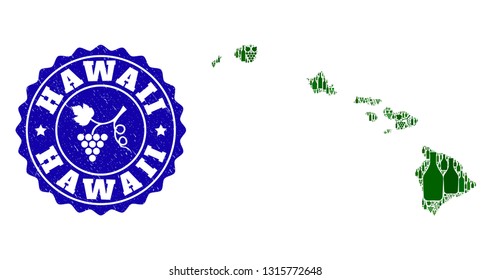 Vector collage of wine map of Hawaii State and grape grunge seal stamp. Map of Hawaii State collage created with bottles and grape berries bunches.
