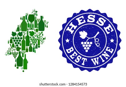 Vector collage of wine map of Hesse State and best grape wine grunge seal. Map of Hesse State collage designed with bottles and grape berries bunches.