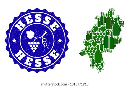 Vector collage of wine map of Hesse State and grape grunge seal stamp. Map of Hesse State collage composed with bottles and grape berries bunches.