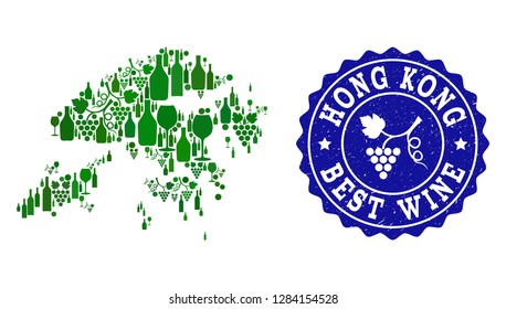 Vector collage of wine map of Hong Kong and best grape wine grunge seal. Map of Hong Kong collage formed with bottles and grape berries bunches.