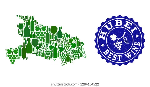 Vector collage of wine map of Hubei Province and best grape wine grunge seal. Map of Hubei Province collage formed with bottles and grape berries bunches.
