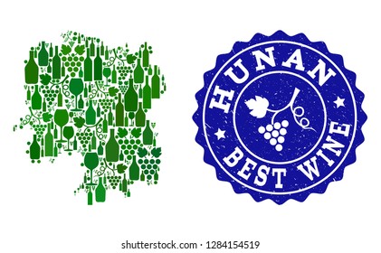 Vector collage of wine map of Hunan Province and best grape wine grunge watermark. Map of Hunan Province collage formed with bottles and grape berries bunches.