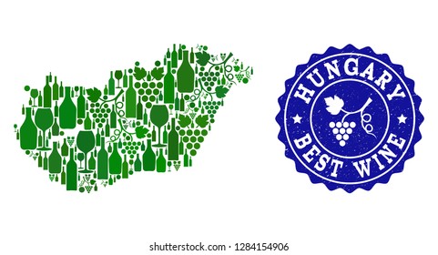 Vector collage of wine map of Hungary and best grape wine grunge stamp. Map of Hungary collage composed with bottles and grape berries bunches.