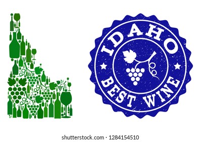 Vector collage of wine map of Idaho State and best grape wine grunge seal stamp. Map of Idaho State collage created with bottles and grape berries bunches.