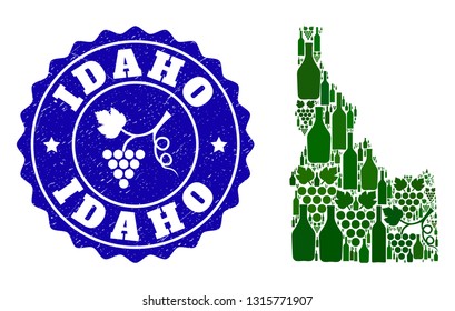 Vector collage of wine map of Idaho State and grape grunge stamp. Map of Idaho State collage composed with bottles and grape berries bunches.