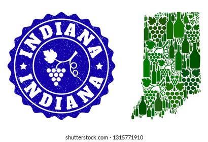 Vector collage of wine map of Indiana State and grape grunge seal. Map of Indiana State collage composed with bottles and grape berries bunches.