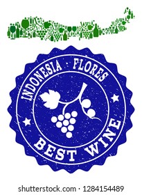 Vector collage of wine map of Indonesia - Flores Island and best grape wine grunge seal. Map of Indonesia - Flores Island collage composed with bottles and grape berries bunches.