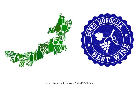 Vector collage of wine map of Inner Mongolia and best grape wine grunge seal. Map of Inner Mongolia collage created with bottles and grape berries bunches.