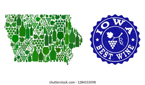 Vector collage of wine map of Iowa State and best grape wine grunge stamp. Map of Iowa State collage composed with bottles and grape berries bunches.