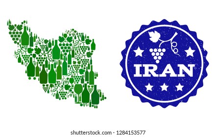 Vector collage of wine map of Iran and best grape wine grunge watermark. Map of Iran collage composed with bottles and grape berries bunches.