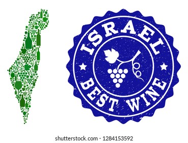 Vector collage of wine map of Israel and best grape wine grunge seal stamp. Map of Israel collage created with bottles and grape berries bunches.