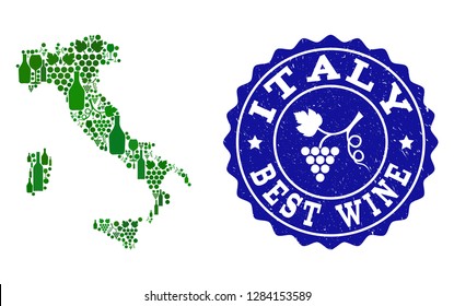 Vector collage of wine map of Italy and best grape wine grunge seal stamp. Map of Italy collage designed with bottles and grape berries bunches.