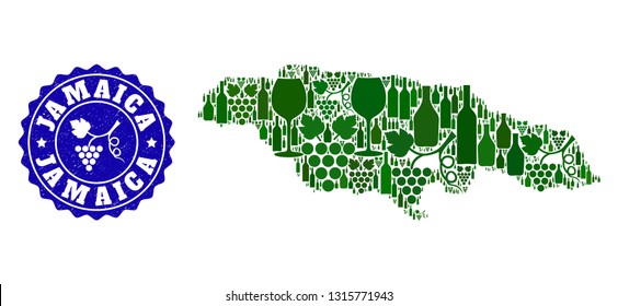 Vector collage of wine map of Jamaica and grape grunge seal. Map of Jamaica collage formed with bottles and grape berries bunches.