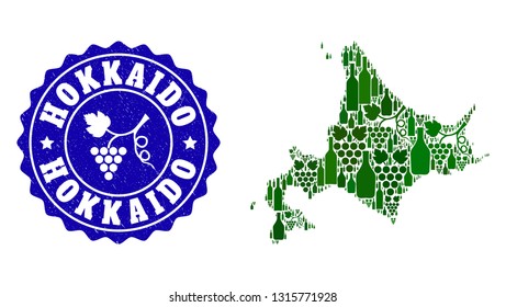 Vector collage of wine map of Japanese Hokkaido and grape grunge stamp. Map of Japanese Hokkaido collage designed with bottles and grape berries bunches.