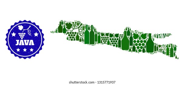 Vector collage of wine map of Java Island and grape grunge seal stamp. Map of Java Island collage composed with bottles and grape berries bunches.