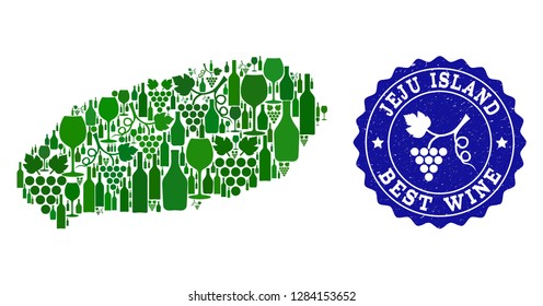 Vector collage of wine map of Jeju Island and best grape wine grunge stamp. Map of Jeju Island collage formed with bottles and grape berries bunches.
