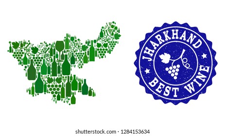 Vector collage of wine map of Jharkhand State and best grape wine grunge watermark. Map of Jharkhand State collage designed with bottles and grape berries bunches.