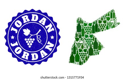 Vector collage of wine map of Jordan and grape grunge seal stamp. Map of Jordan collage designed with bottles and grape berries bunches.