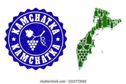 Vector collage of wine map of Kamchatka Peninsula and grape grunge seal stamp. Map of Kamchatka Peninsula collage formed with bottles and grape berries bunches.