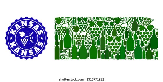 Vector collage of wine map of Kansas State and grape grunge seal stamp. Map of Kansas State collage composed with bottles and grape berries bunches.