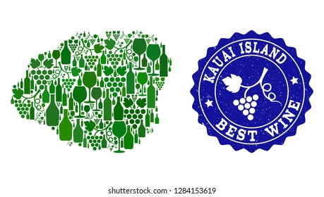 Vector collage of wine map of Kauai Island and best grape wine grunge watermark. Map of Kauai Island collage composed with bottles and grape berries bunches.