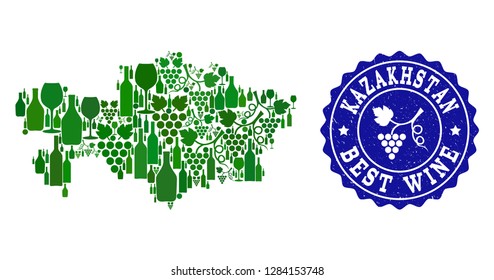 Vector collage of wine map of Kazakhstan and best grape wine grunge seal. Map of Kazakhstan collage composed with bottles and grape berries bunches.