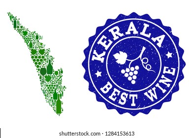 Vector collage of wine map of Kerala State and best grape wine grunge watermark. Map of Kerala State collage formed with bottles and grape berries bunches.
