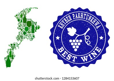 Vector collage of wine map of Khyber Pakhtunkhwa Province and best grape wine grunge stamp. Map of Khyber Pakhtunkhwa Province collage designed with bottles and grape berries bunches.