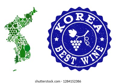 Vector collage of wine map of Korea and best grape wine grunge seal stamp. Map of Korea collage composed with bottles and grape berries bunches.